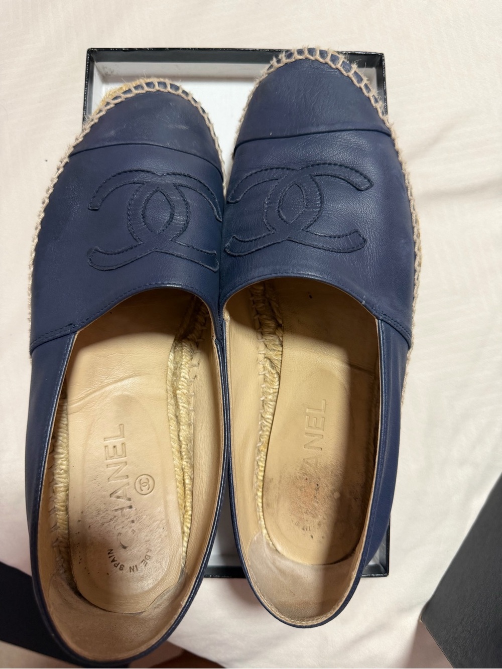 AUTHENTIC CHANEL Dark Navy Leather CC Espadrille Flats